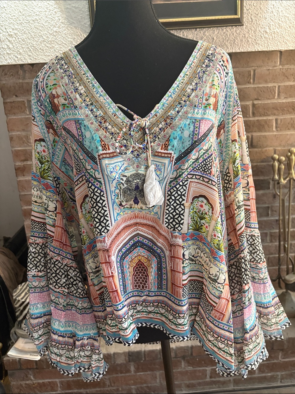 Camilla Multicolor V-Neck Printed Tunic with Tassel Tie